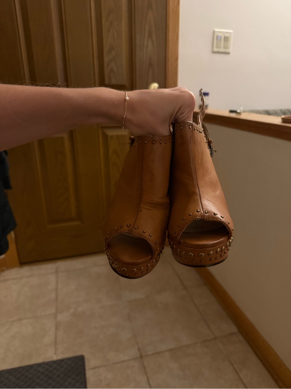 Wild Diva Brown Studded Peep-Toe Platform Slingback Heels - Picture 3 of 6